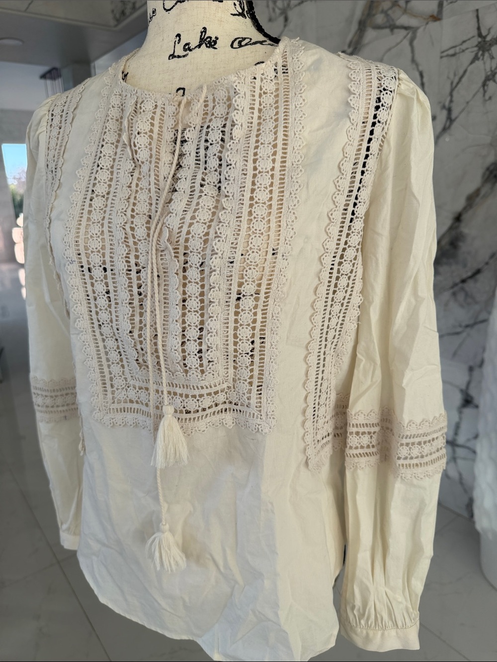 Tory Burch Women's Cream Lace-Paneled Peasant Blouse